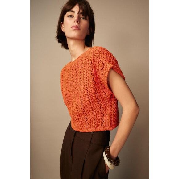 Zara Women's Orange Open Knit Cropped Sweater Top Size M - Picture 1 of 11